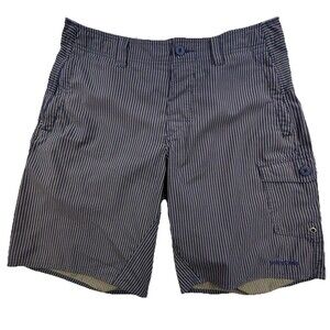 Patagonia Terre Planing Cargo Shorts 33 Blue Tan Stripe Stretch Hiking Outdoors